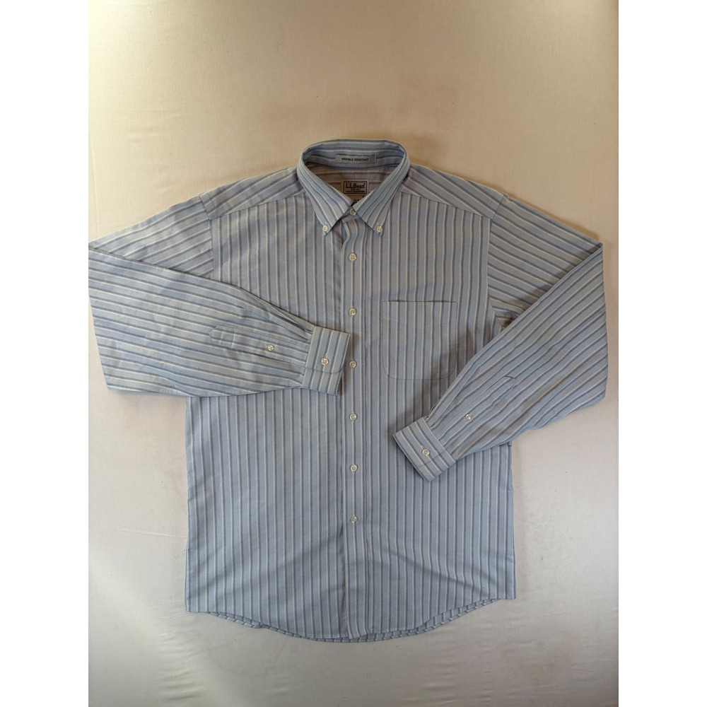 LL Bean Mens 15-34 Wrinkle Resistant Striped Oxford Button Up Down Shirt Blue